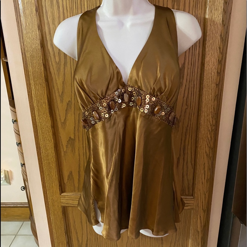 Cache Brown Satin With Beading Size 12 - image 1